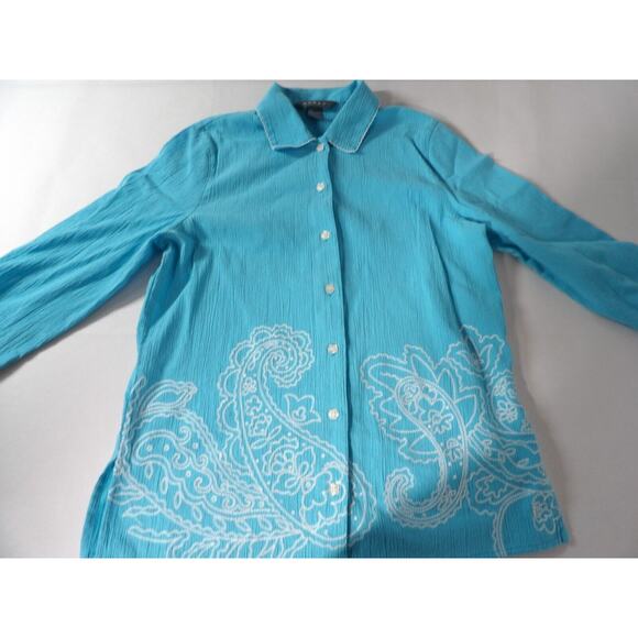 Koret Medium Blouse Top Bright Blue Paisley Button Up Beachy Boho Gauzy Collared - Picture 11 of 12